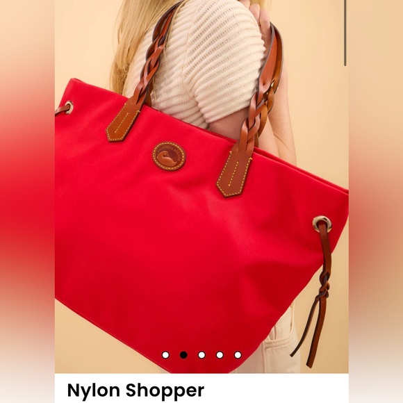 Dooney & Bourke Red Canvas Tote • Brown Leather Trim • Large Shoulder Bag - Picture 4 of 12